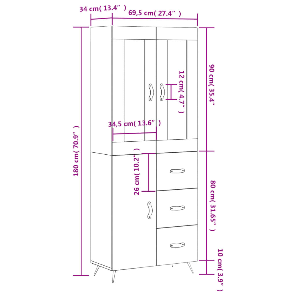 vidaXL Vysoká skrinka čierna 69,5x34x180 cm spracované drevo