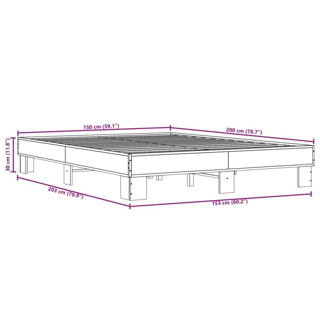 vidaXL Posteľný rám dymový dub 150x200 cm kompozitné drevo a kov