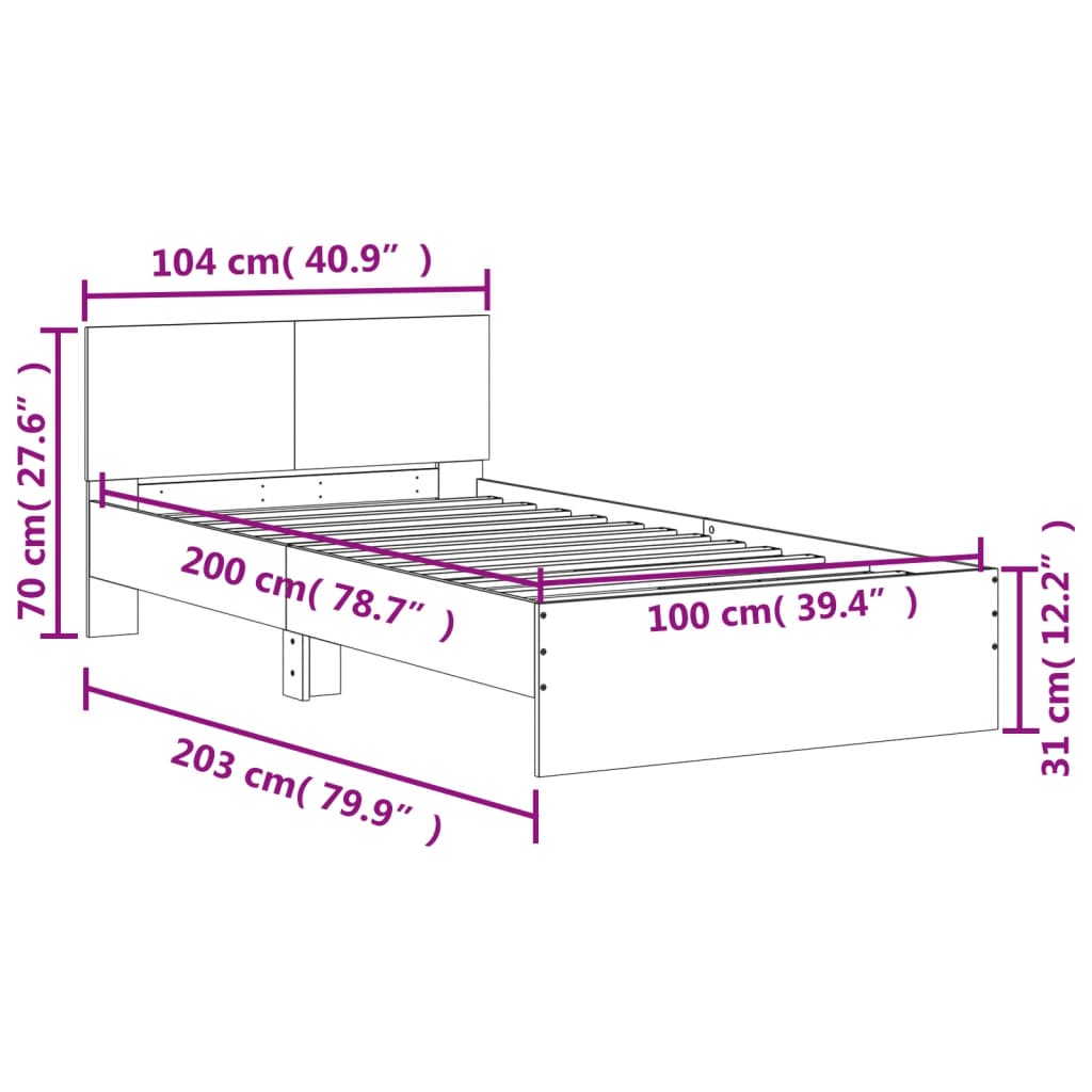 vidaXL Posteľný rám s čelom a LED svetlami sivý sonoma 100x200 cm