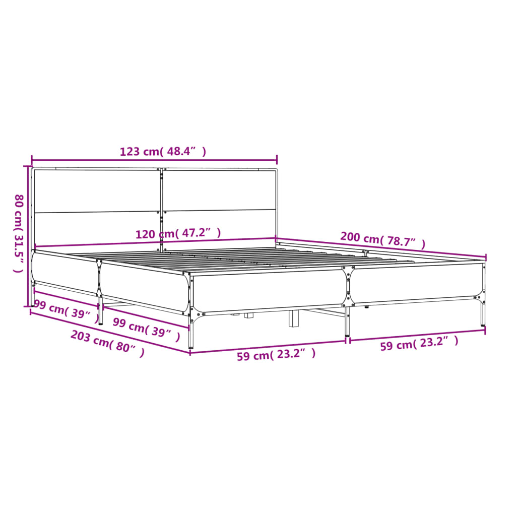 vidaXL Posteľný rám hnedý dub 120x200 cm kompozitné drevo a kov