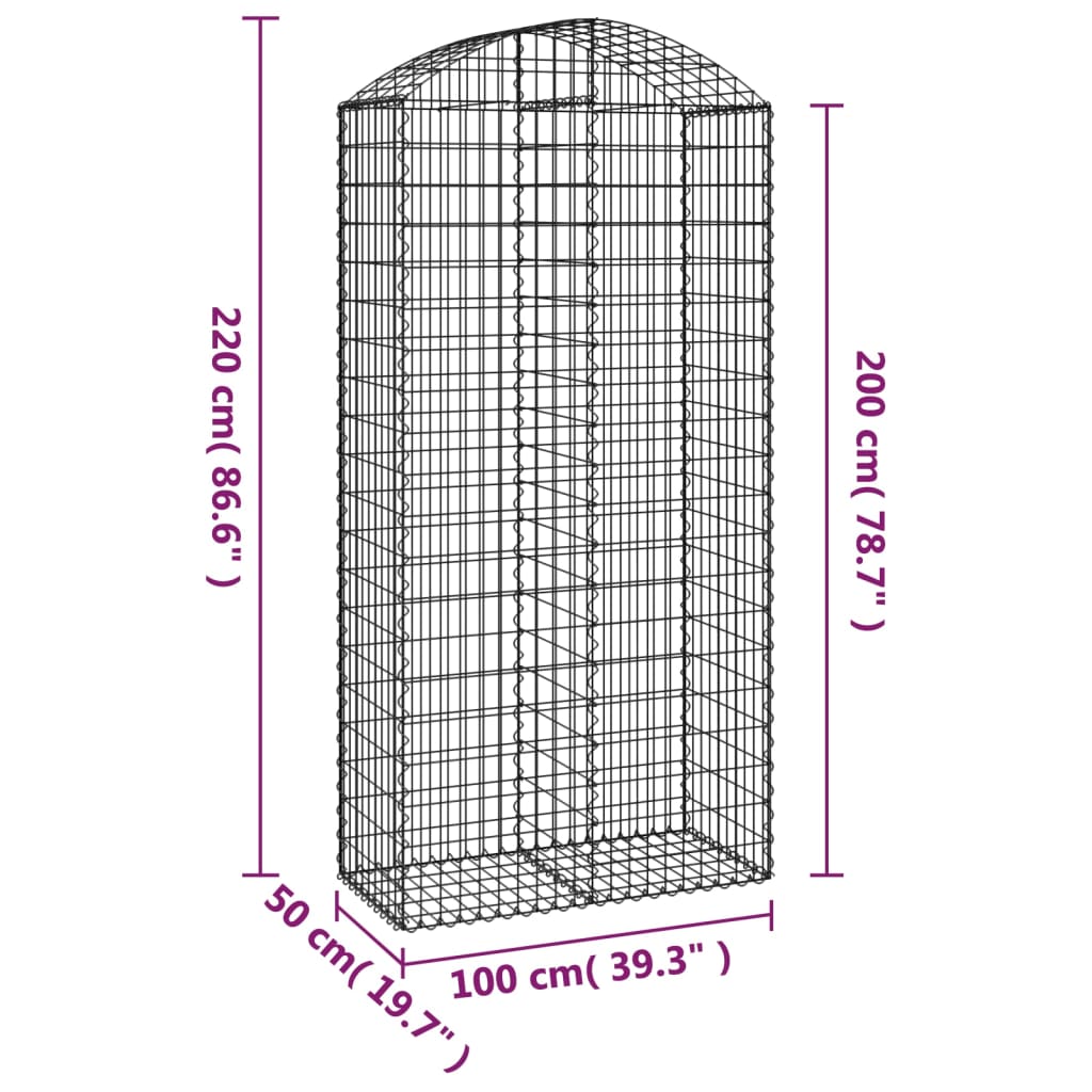 vidaXL Oblúkový gabionový kôš 100x50x200/220 cm pozinkované železo