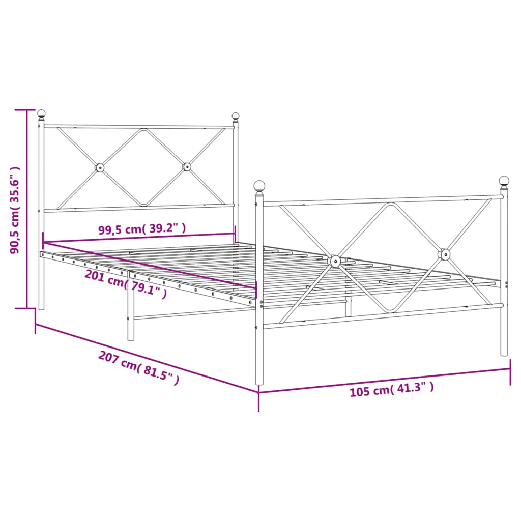 vidaXL Kovový rám postele s čelom a podnožkou biely 100x200 cm