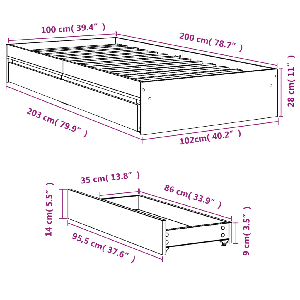 vidaXL Posteľný rám so zásuvkami sivý sonoma 100x200cm kompozit. drevo