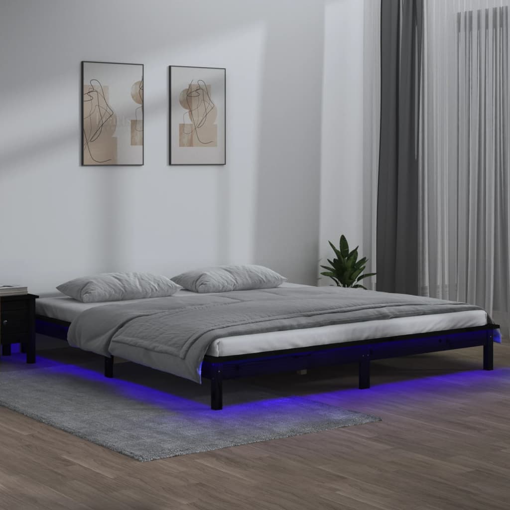 vidaXL Posteľný rám LED čierny 135x190 cm 4FT6 dvojlôžko masívne drevo