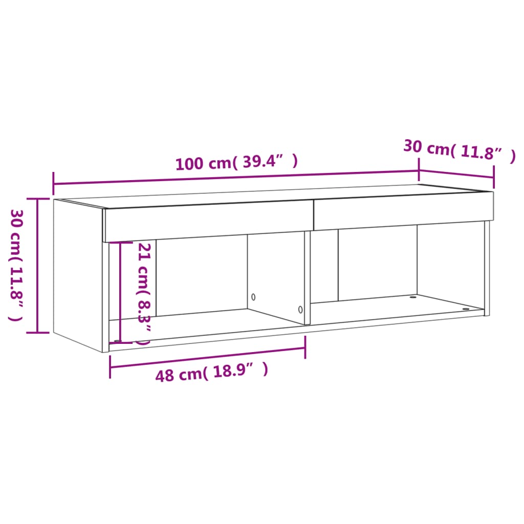 vidaXL TV skrinka s LED svetlami dymový dub 100x30x30 cm