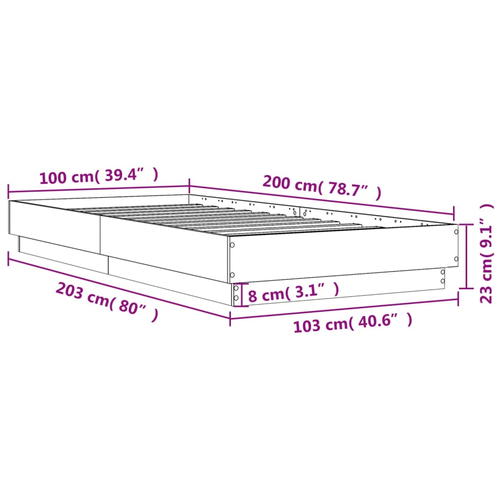 vidaXL Posteľný rám s LED svetlami dub sonoma 100x200 cm