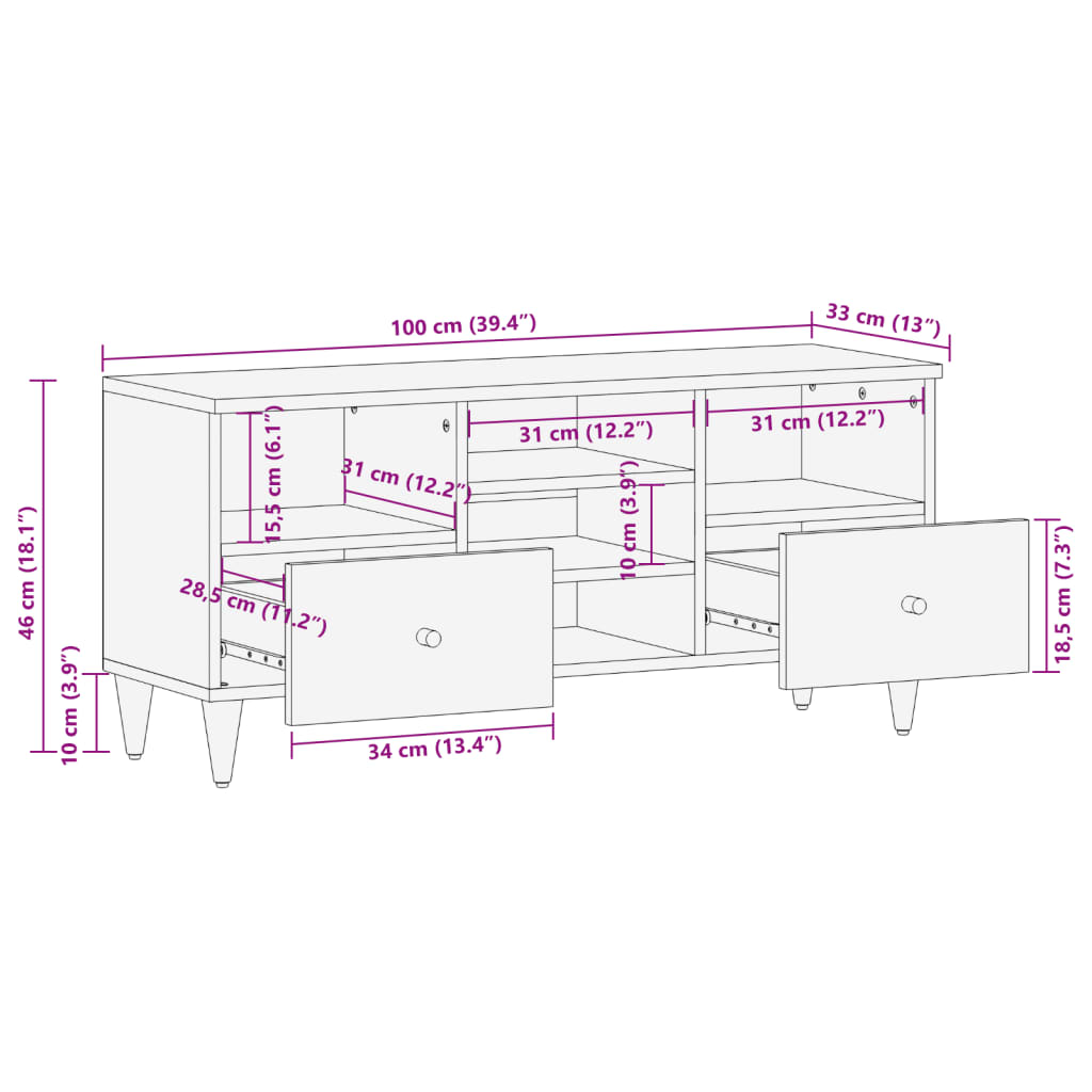 vidaXL TV skrinka 100x33x46 cm, mangový masív