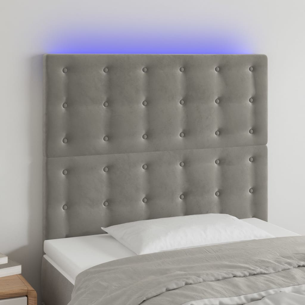 vidaXL Čelo postele s LED bledosivé 100x5x118/128 cm zamat