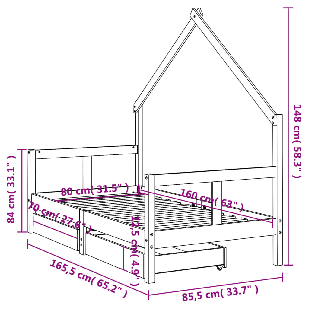 vidaXL Rám detskej postele zásuvky biely 80x160 cm masívna borovica