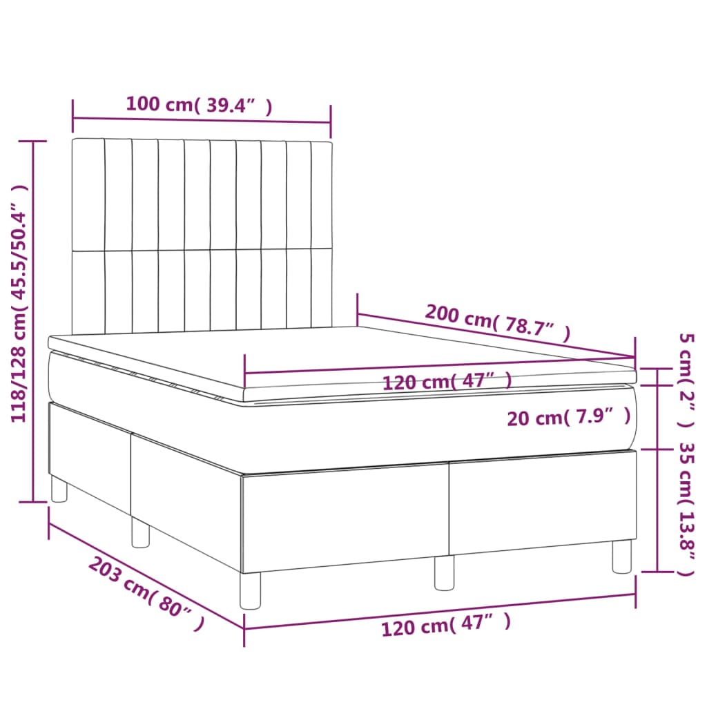 vidaXL Posteľný rám boxsping s matracom a LED ružový 120x200 cm zamat