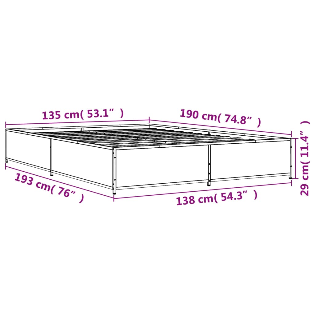 vidaXL Posteľný rám hnedý dub 135x190 cm kompozitné drevo a kov