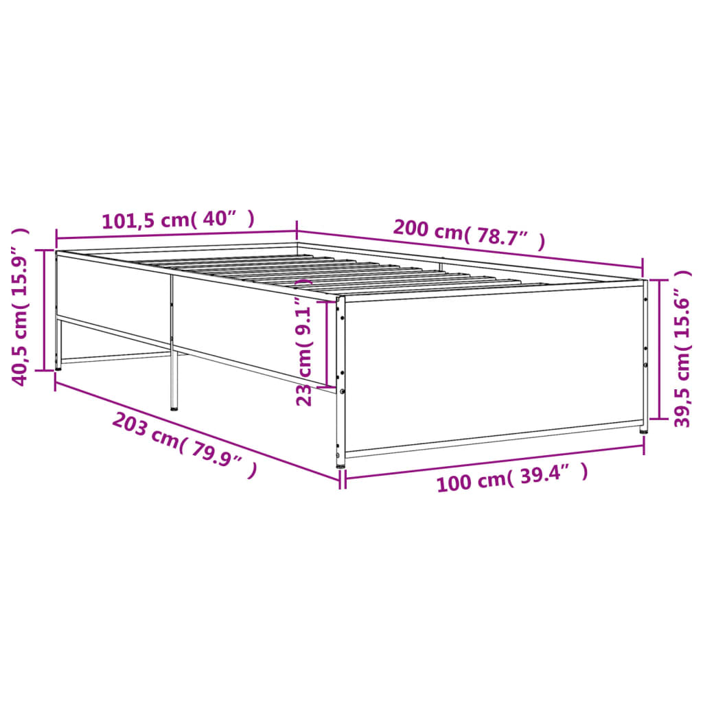 vidaXL Posteľný rám dymový dub 100x200 cm kompozitné drevo a kov