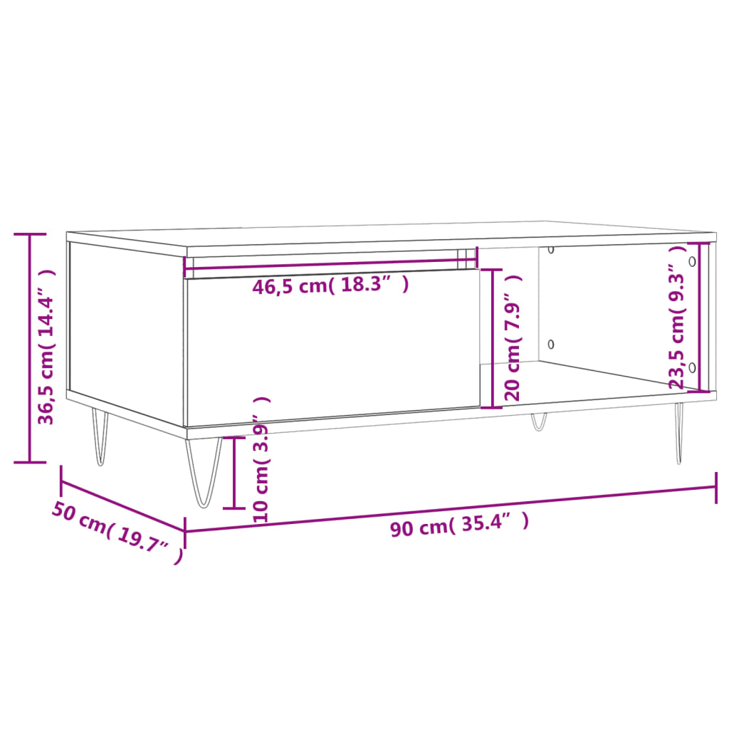 vidaXL Konferenčný stolík biely 90x50x36,5 cm spracované drevo