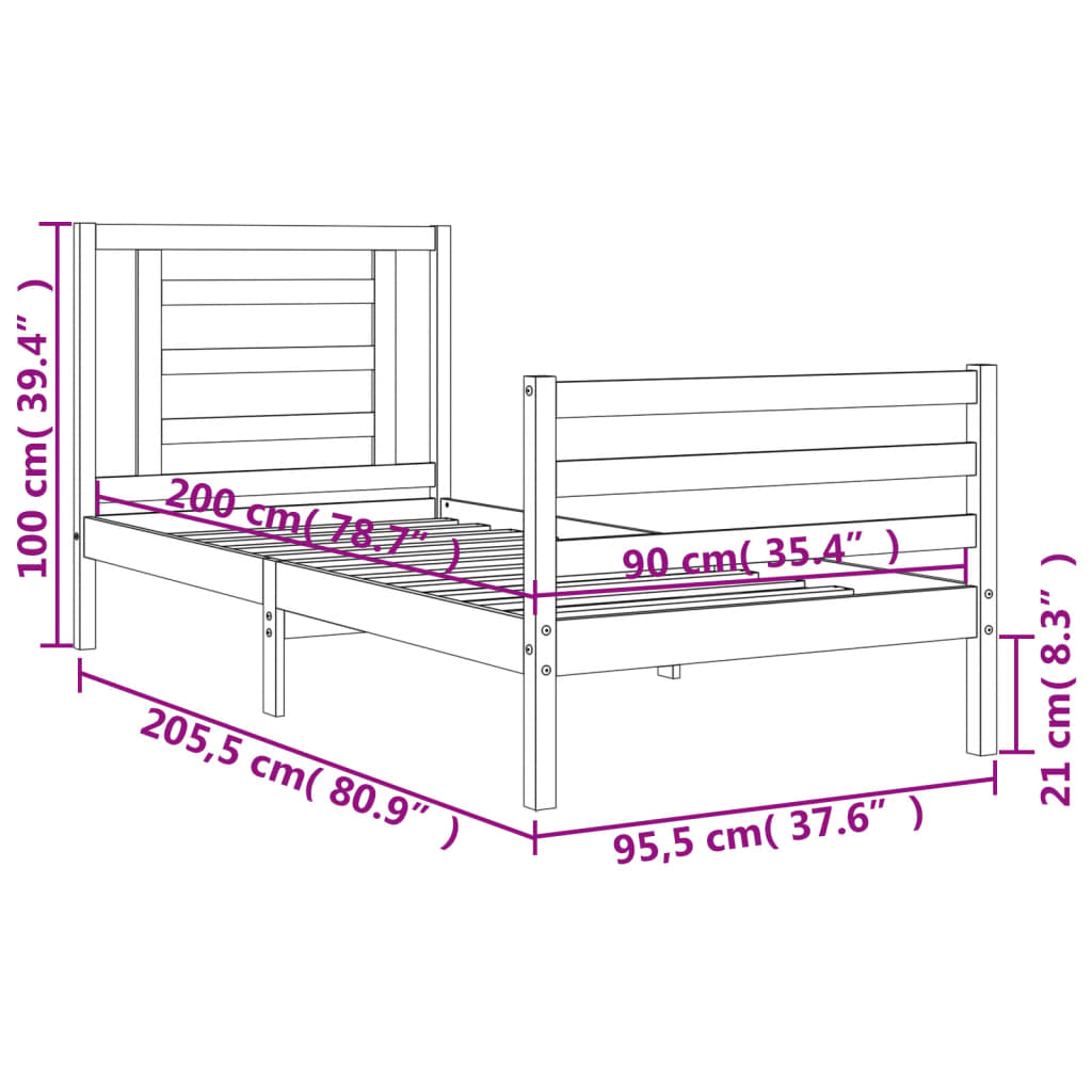 vidaXL Posteľný rám s čelom biely 90x200 cm masívne drevo