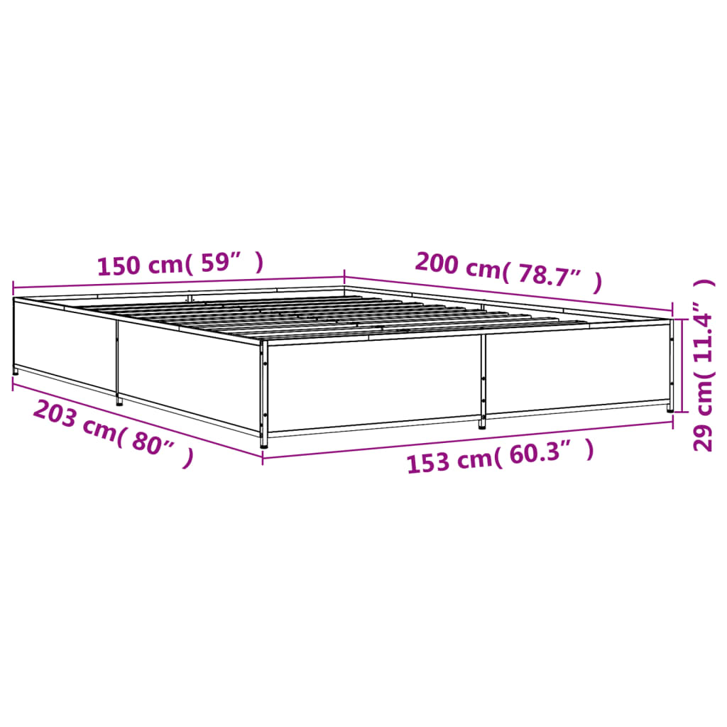 vidaXL Posteľný rám dymový dub 150x200 cm kompozitné drevo a kov