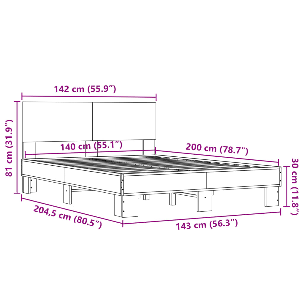 vidaXL Posteľný rám hnedý dub 140x200 cm kompozitné drevo a kov