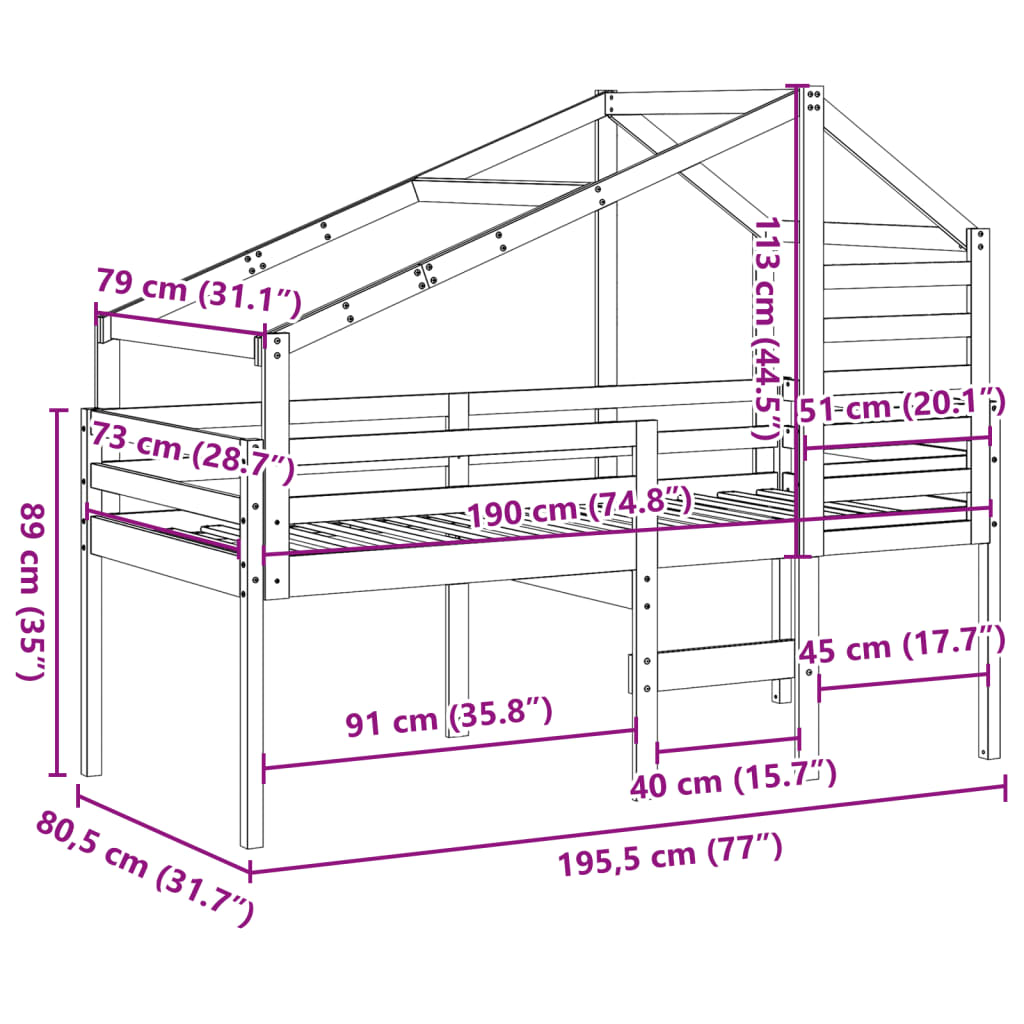 vidaXL Vysoká posteľ so strechou 75x190 cm borovicový masív