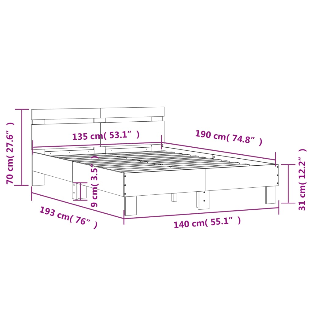 vidaXL Posteľný rám s čelom a LED hnedý dub 135x190 cm