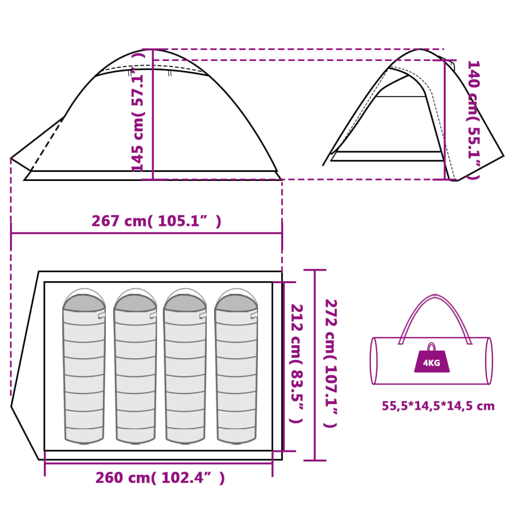 vidaXL Kempingový stan, kupola, 4 osoby, zelený, vodoodolný