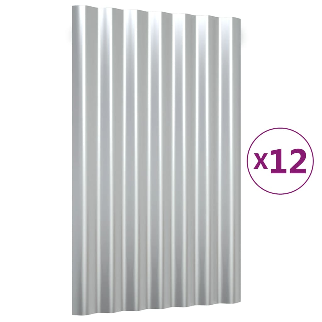 vidaXL Strešné panely 12 ks práškovaná oceľ strieborné 60x36 cm