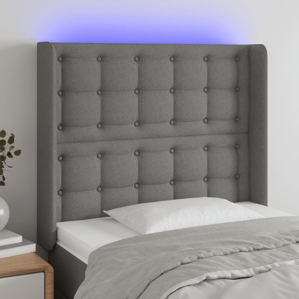 vidaXL Čelo postele s LED tmavosivé 93x16x118/128 cm látka