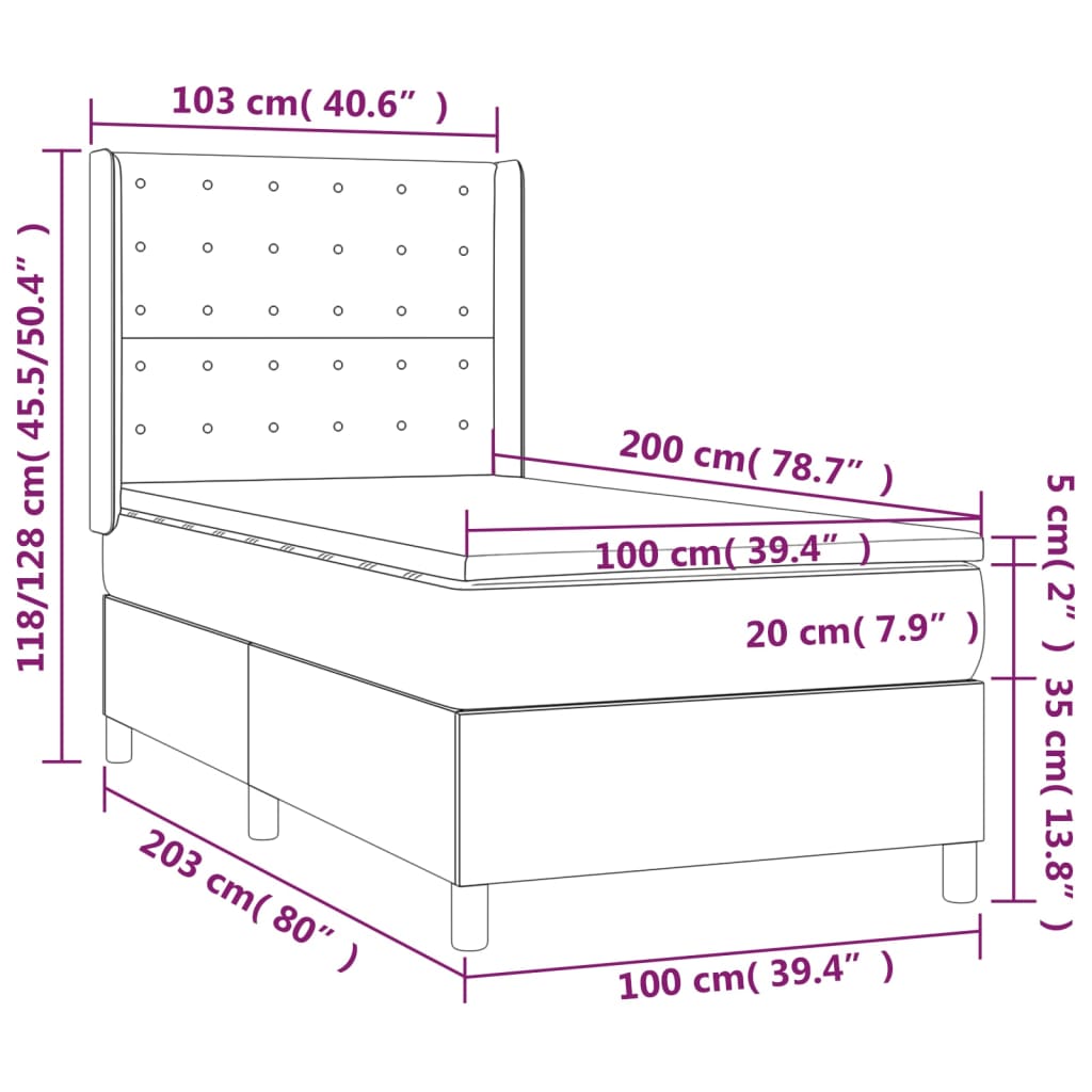 vidaXL Posteľ boxsping s matracom a LED krémová 100x200 cm látka