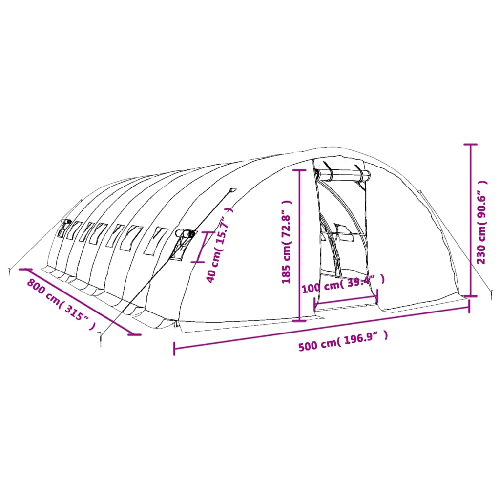 vidaXL Fóliovník s oceľovým rámom zelený 40 m² 8x5x2,3 m