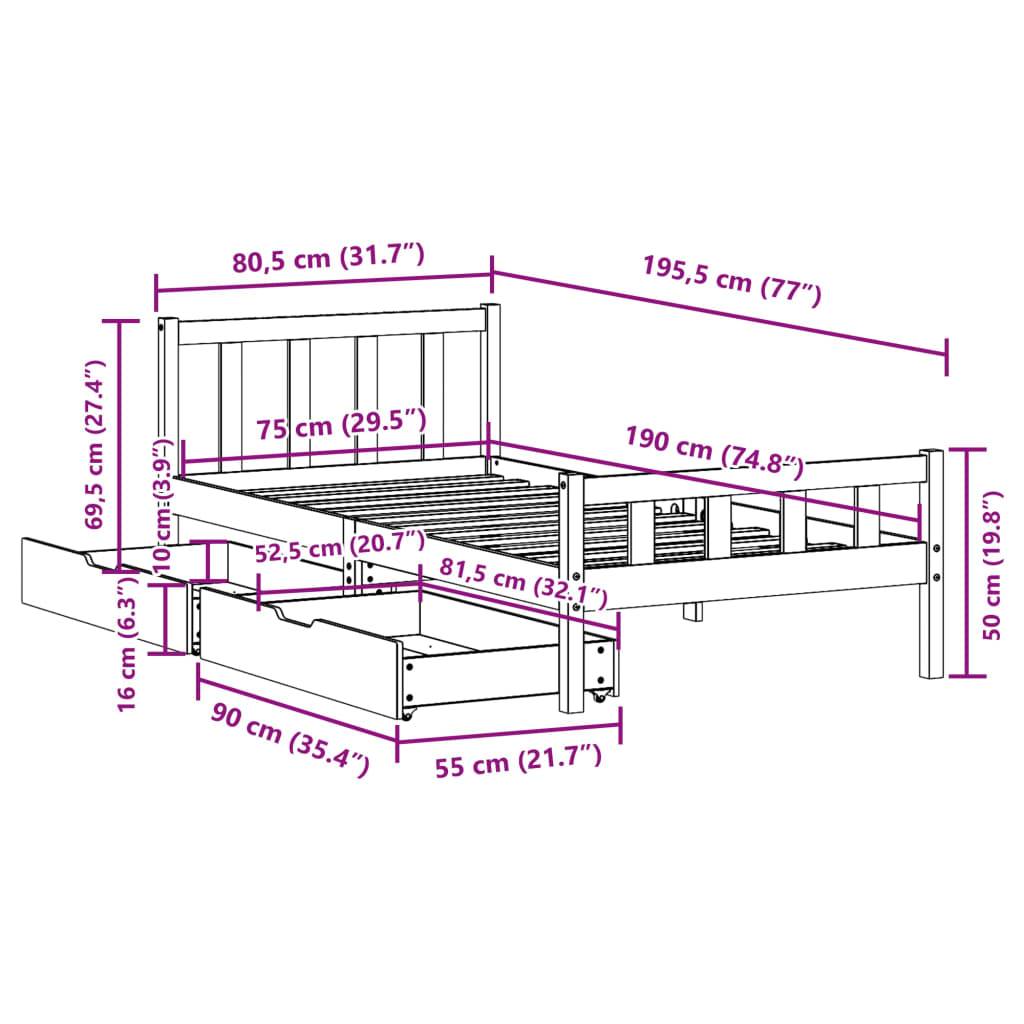 vidaXL Posteľ bez matraca 75x190 cm masívna borovica