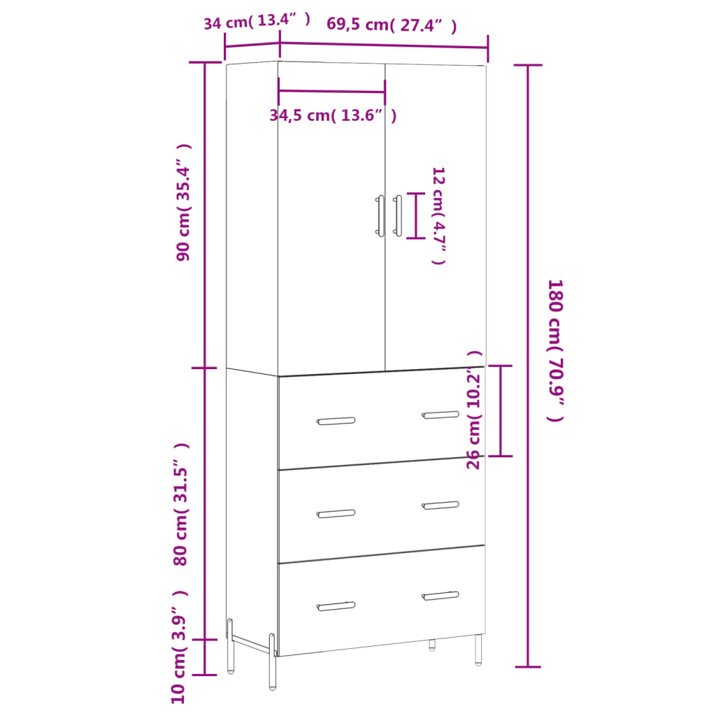 vidaXL Vysoká skrinka lesklá biela 69,5x34x180 cm spracované drevo