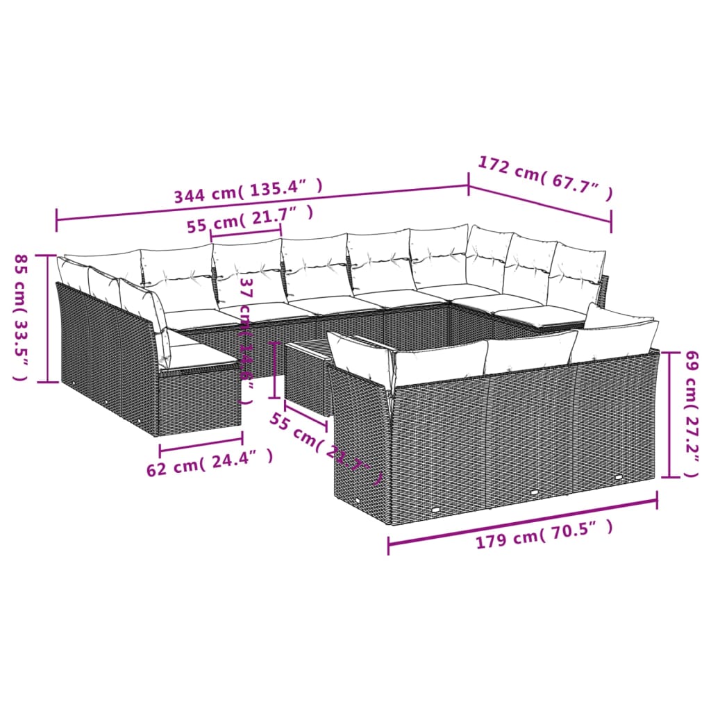 vidaXL 14-dielna záhradná sedacia súprava s vankúšmi sivá polyratan