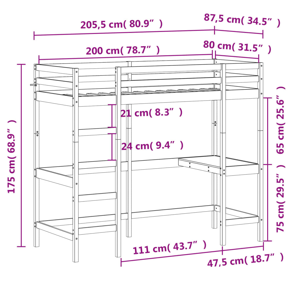 vidaXL Poschodová posteľ so stolom 80x200 cm borovicový masív