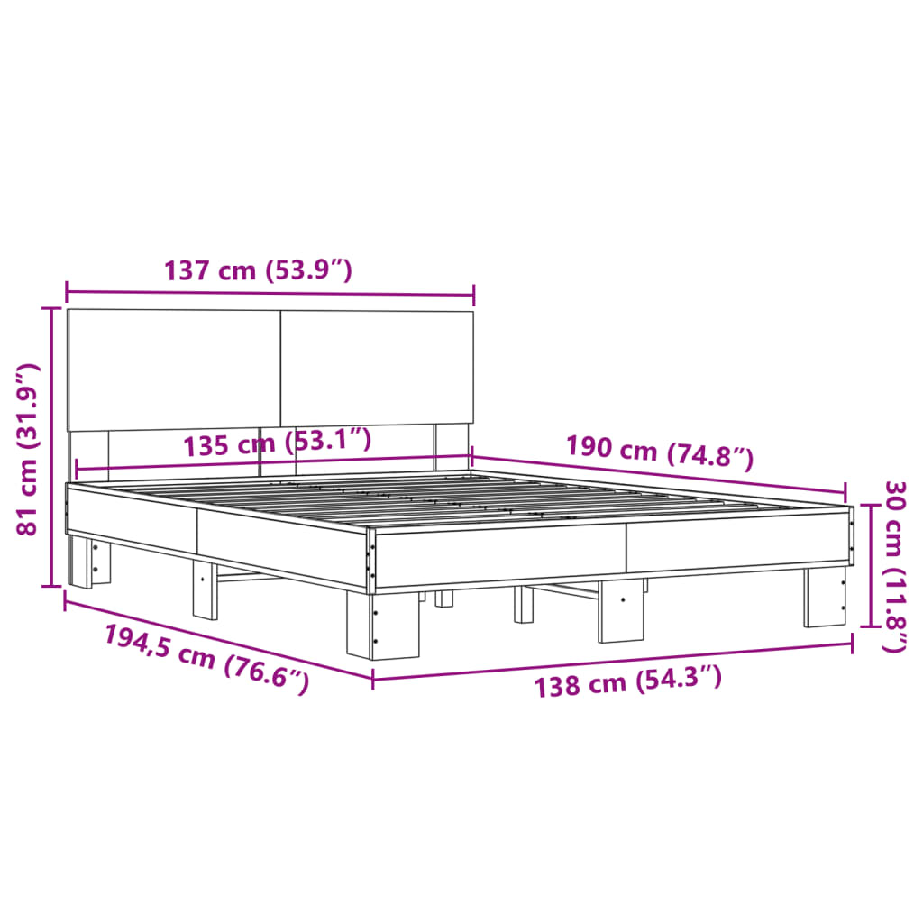 vidaXL Posteľný rám dub sonoma 135x190 cm kompozitné drevo a kov