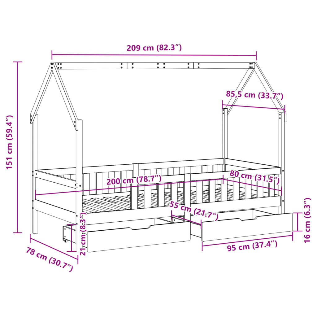 vidaXL Rám detskej postele so zásuvkami 80x200 cm masívna borovica