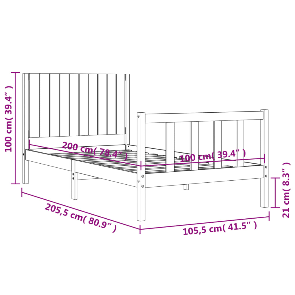 vidaXL Rám postele s čelom biely 100x200 cm masívne drevo