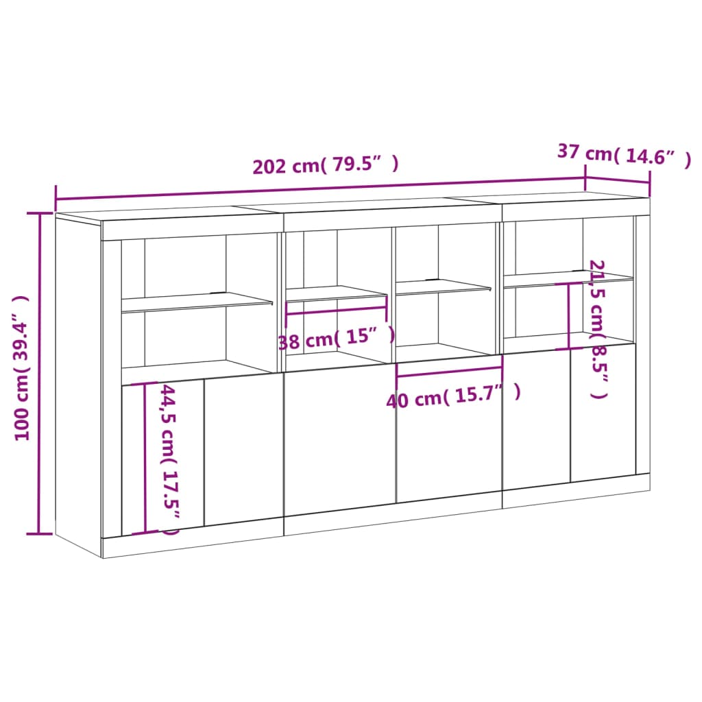 vidaXL Komoda s LED svetlami betónovo-sivá 202x37x100 cm