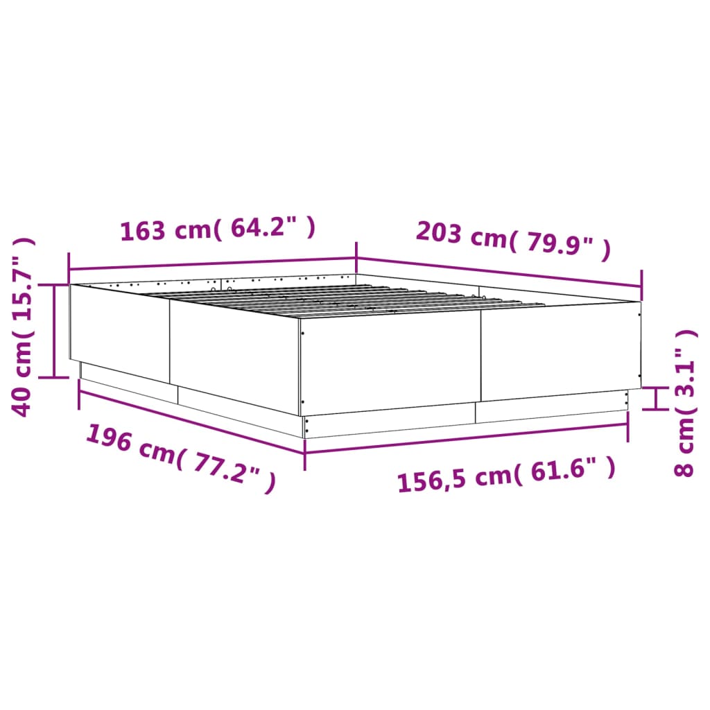 vidaXL Posteľný rám s LED svetlami sonoma 160x200 cm kompozitné drevo