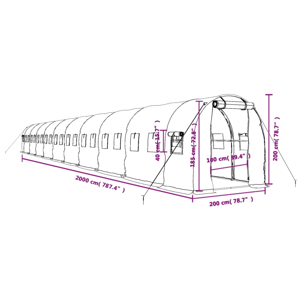 vidaXL Fóliovník s oceľovým rámom zelený 40 m² 20x2x2 m