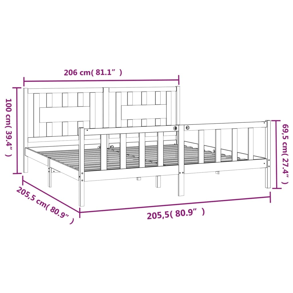 vidaXL Posteľný rám s čelom sivý masívna borovica 200x200 cm