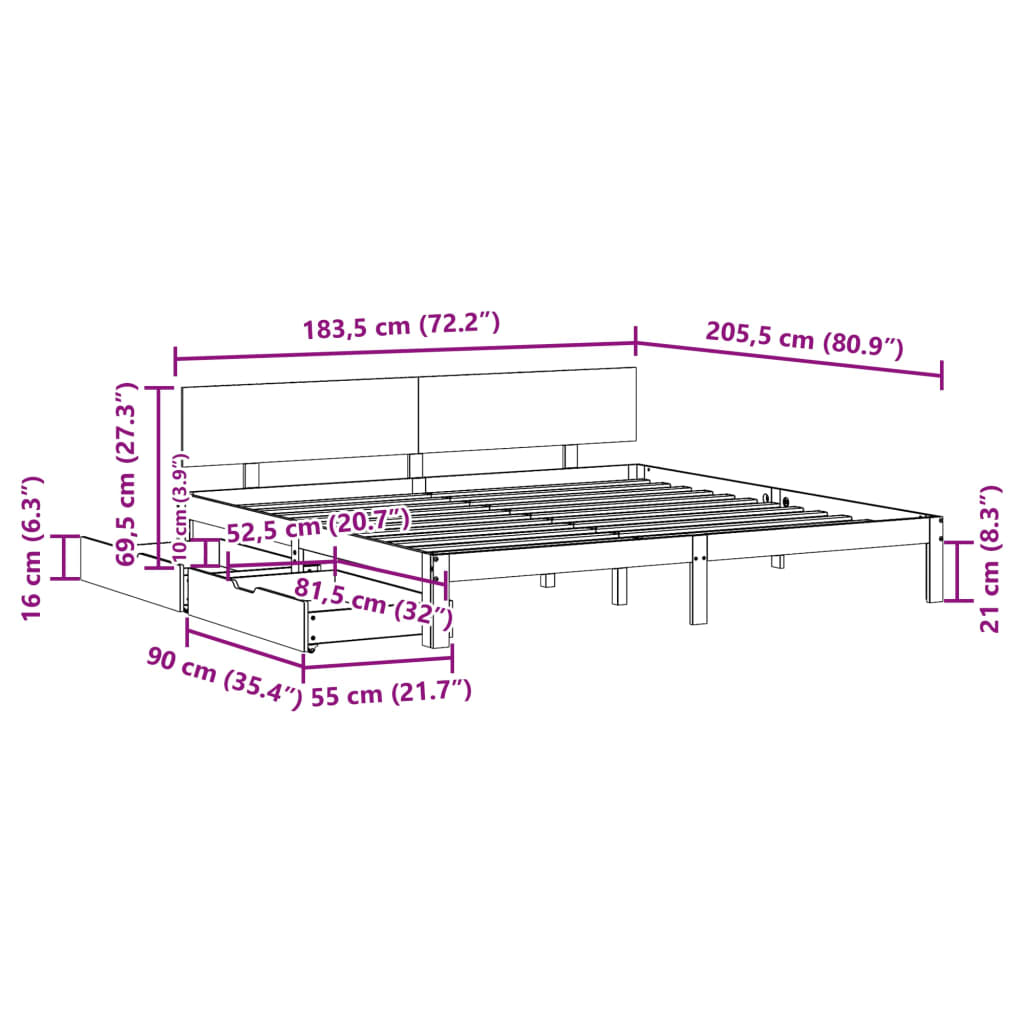 vidaXL Posteľný rám a zásuvky biely 180x200 cm masívna borovica