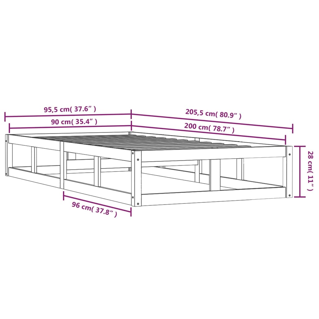 vidaXL Posteľný rám čierny 90x200 cm masívne drevo