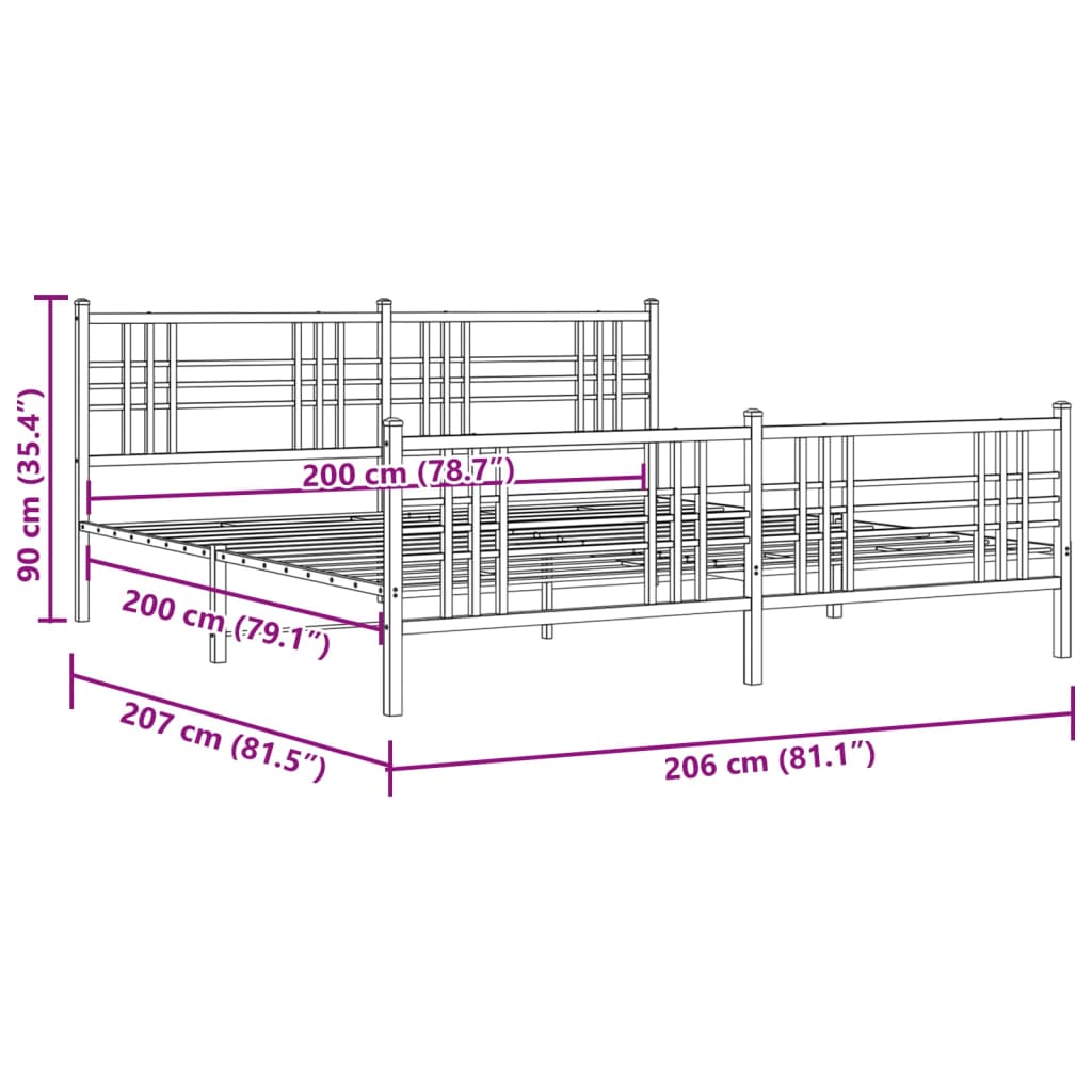 vidaXL Kovový rám postele s čelom a podnožkou biely 200x200 cm