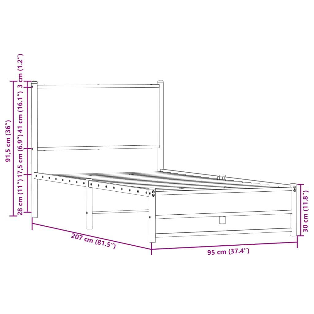 vidaXL Kovový posteľný rám s čelom hnedý dub 90x200 cm