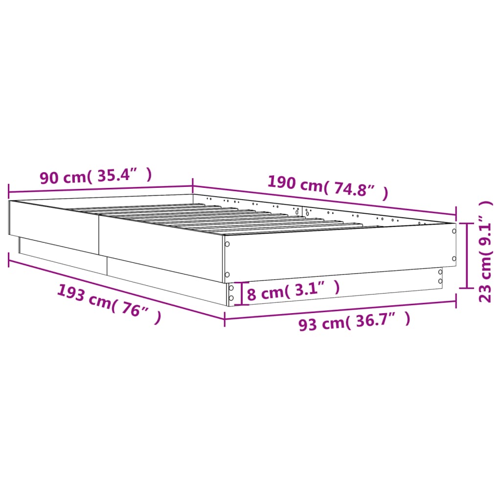 vidaXL Posteľný rám s LED svetlami hnedý dub 90x190 cm