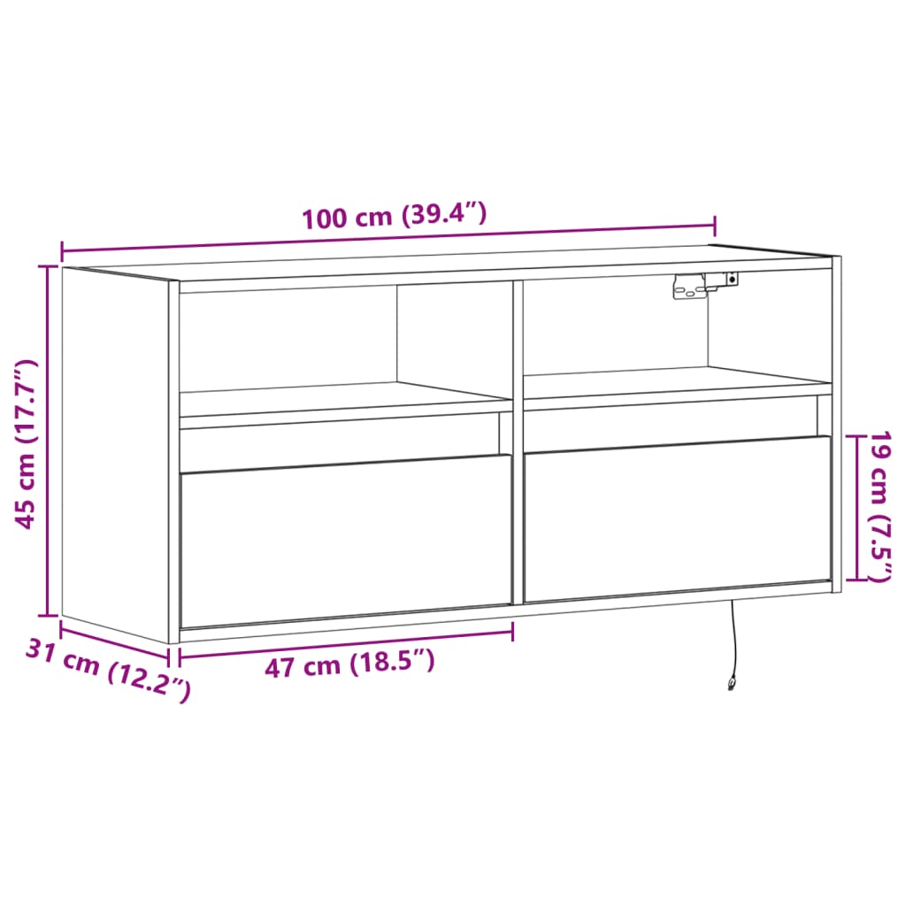 vidaXL TV nástenná skrinka s LED svetlami hnedý dub 100x31x45 cm