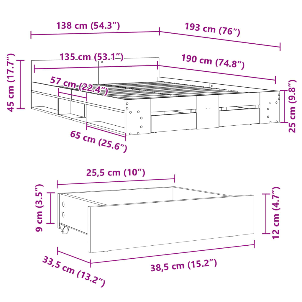 vidaXL Posteľný rám so zásuvkami čierny 135x190 cm kompozitné drevo