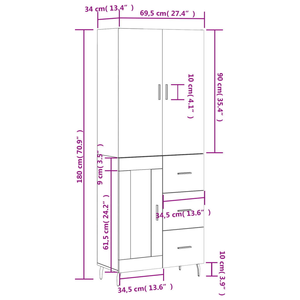 vidaXL Vysoká skrinka dymový dub 69,5x34x180 cm spracované drevo