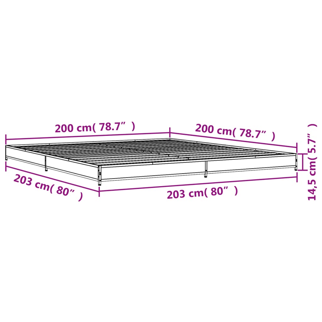 vidaXL Posteľný rám dymový dub 200x200 cm kompozitné drevo a kov