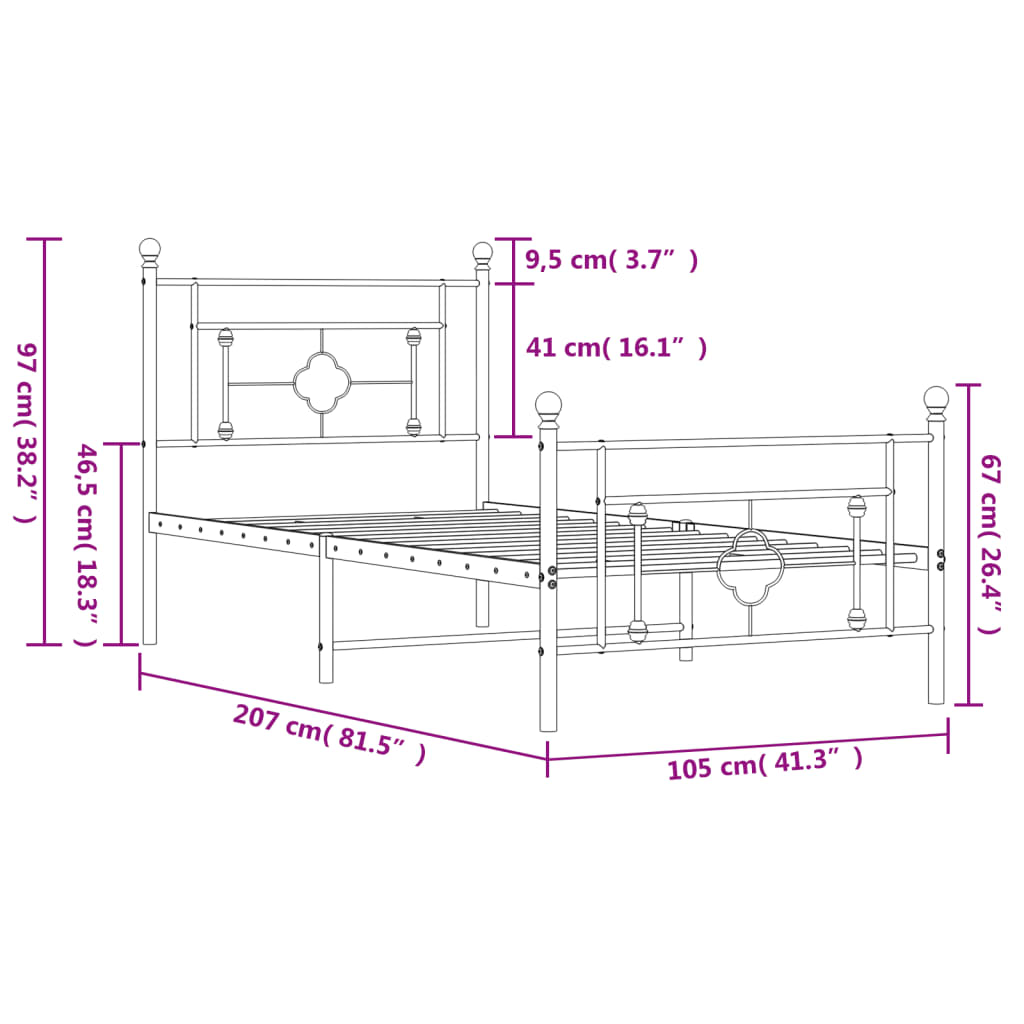 vidaXL Kovový rám postele s čelom a podnožkou biely 100x200 cm