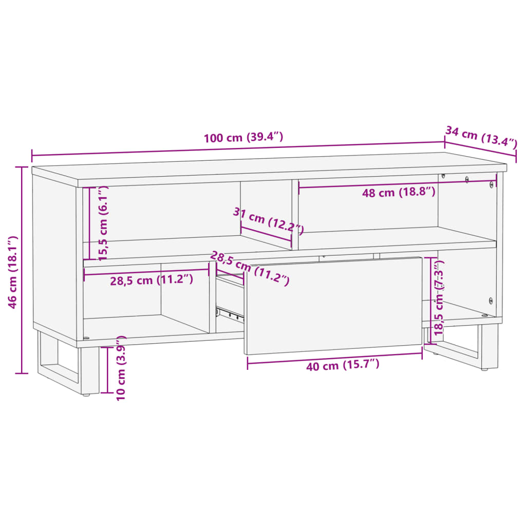 vidaXL TV skrinka, hnedá 100x34x46 cm, mangový masív