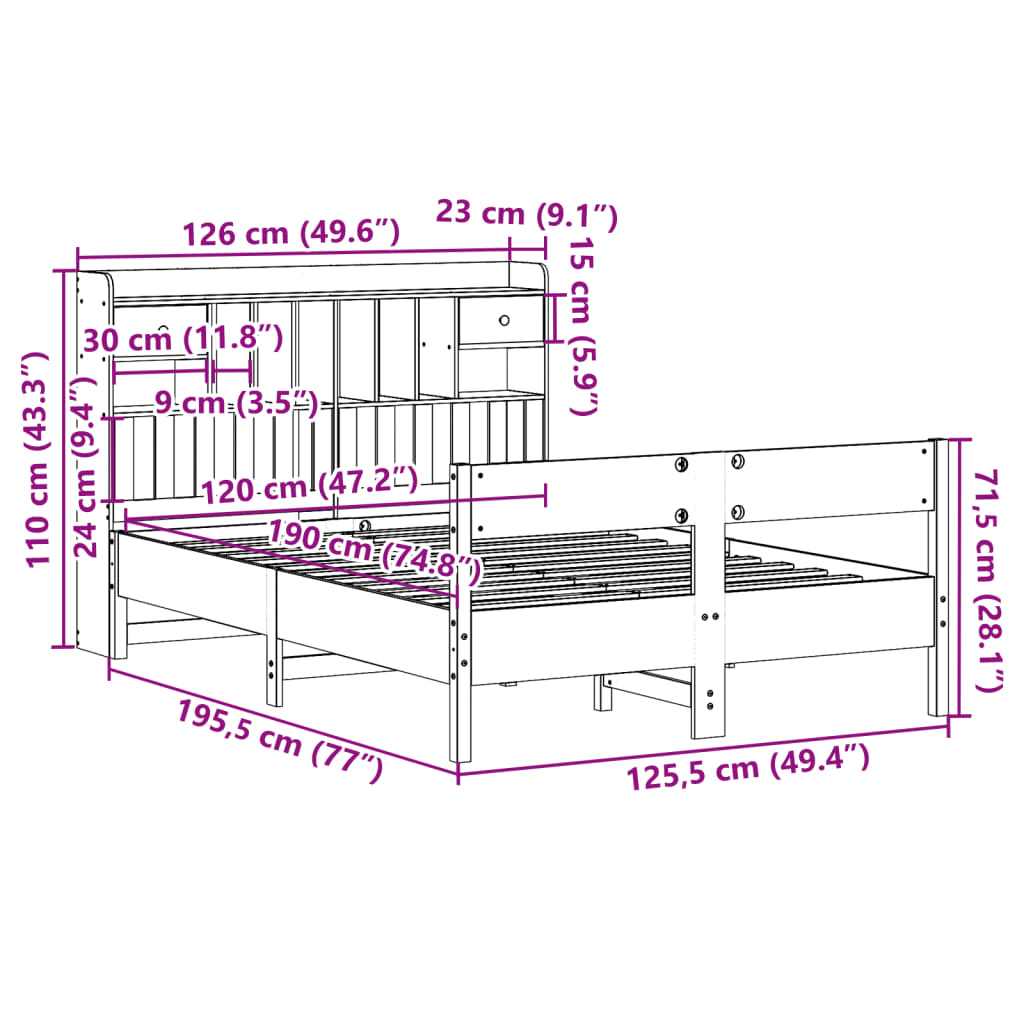 vidaXL Posteľ s knižnicou bez matraca biela 120x190cm borovicový masív